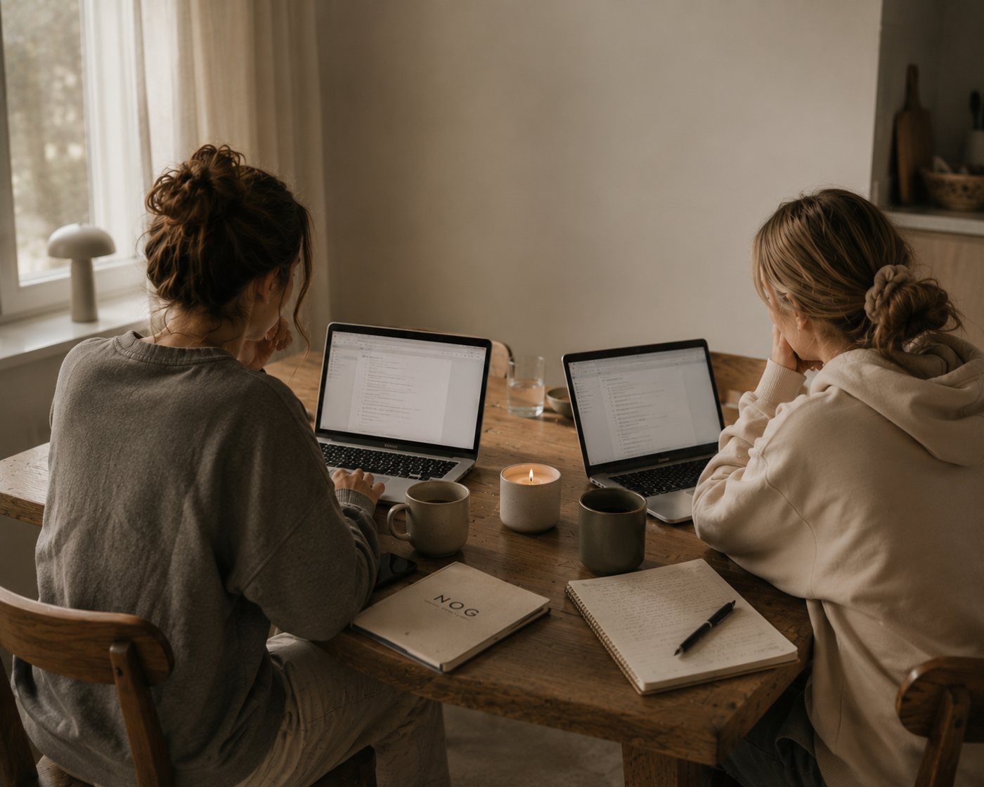 Två personer som jobbar bredvid varandra vid varsin laptop